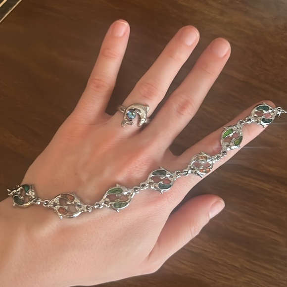 Bundle for 50% off! - Silver iridescent mood/moonstone dolphin bracelet ring set - Picture 2 of 2